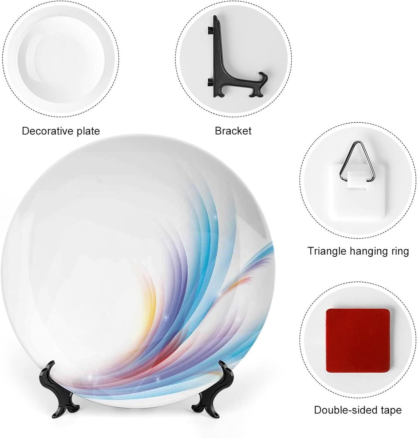 Ceramic Display Plate, Abstract Decor Ceramic Hanging Decorative Plate, Modern Rainbow like Wavy with Blank Pattern, 6 Inch, Living Room Kitchen Decoration Household, Blue Purple Orange and Red