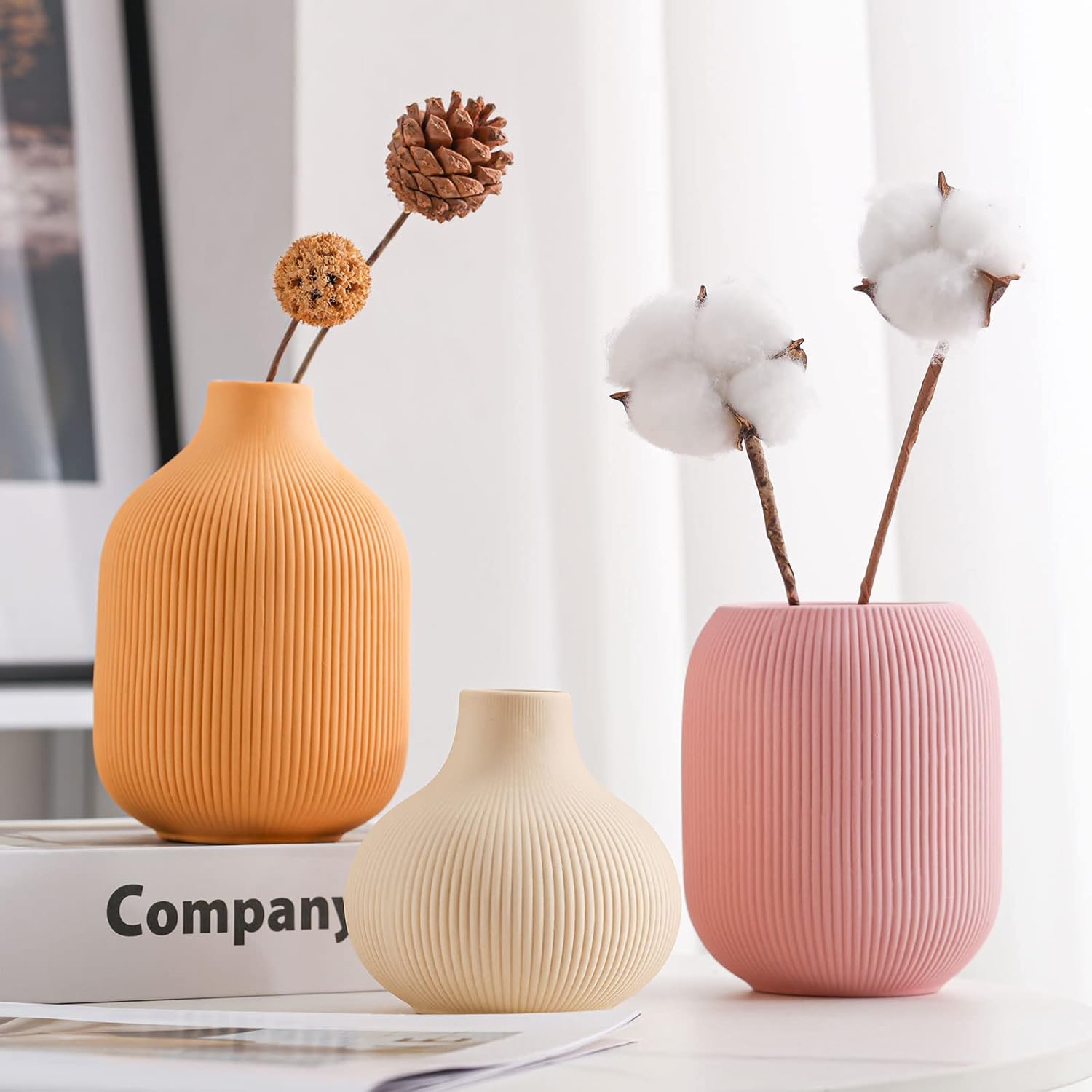 Ceramic Vase for Decor,Small Boho Vases Set for Home,Modern Minimalist Farmhouse Decoration,Decorative Bud Vases for Shelf Decor,Table, Bookshelf, Mantel and Entryway(Pink+Light Yellow+Orange)
